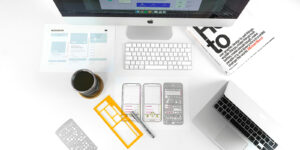 Desk with computer and design tools