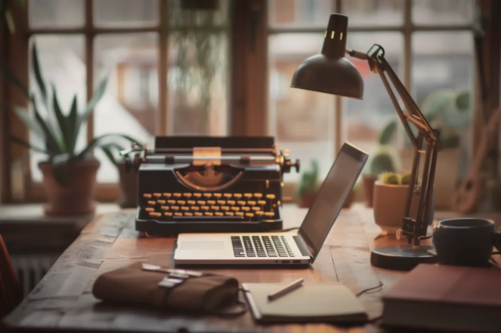 Desk with laptop and typewriter