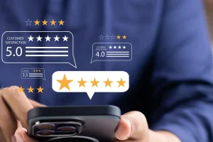 Looking at online reviews on a phone