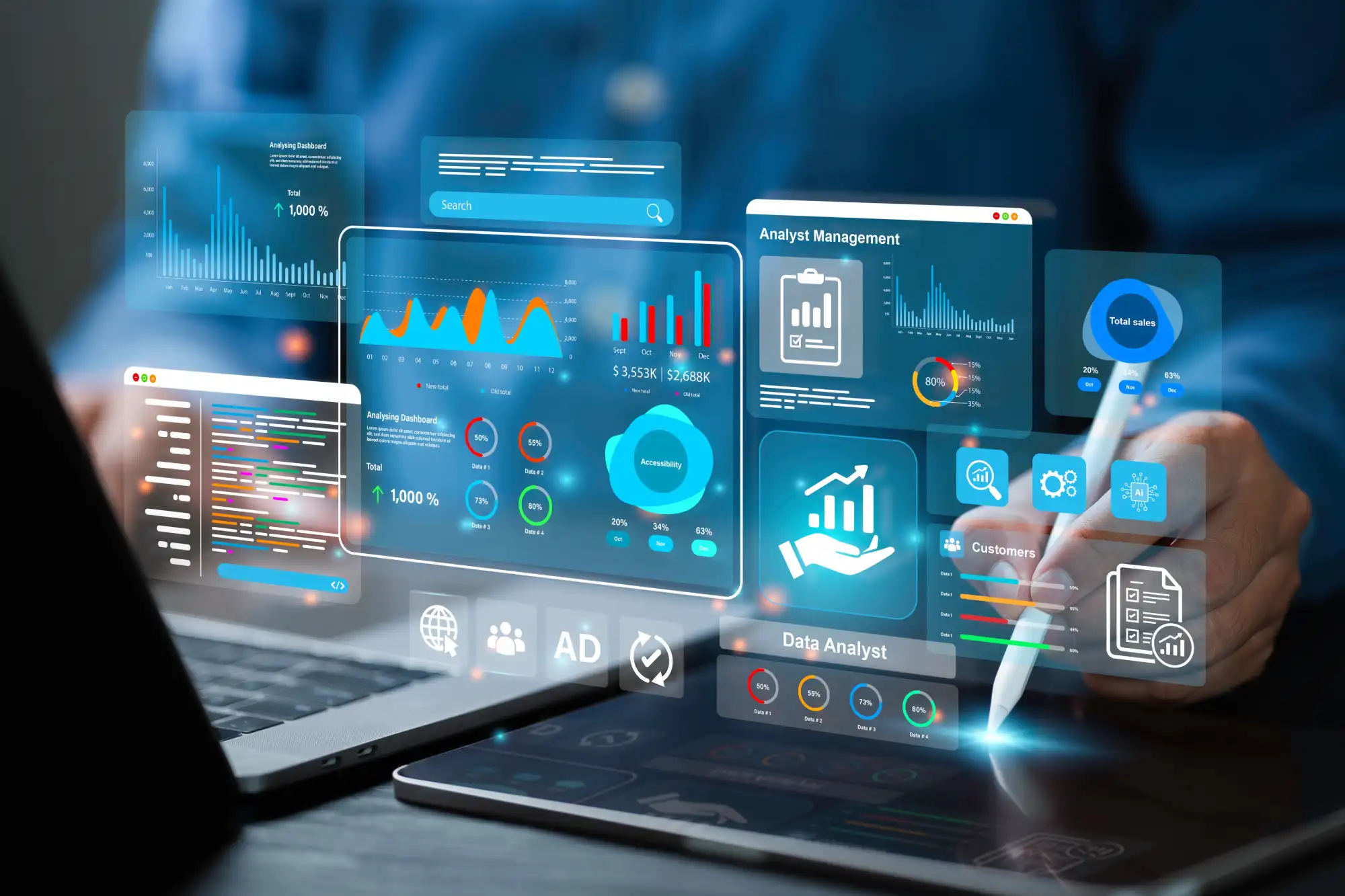 Computer displaying multiple aspects of digital marketing