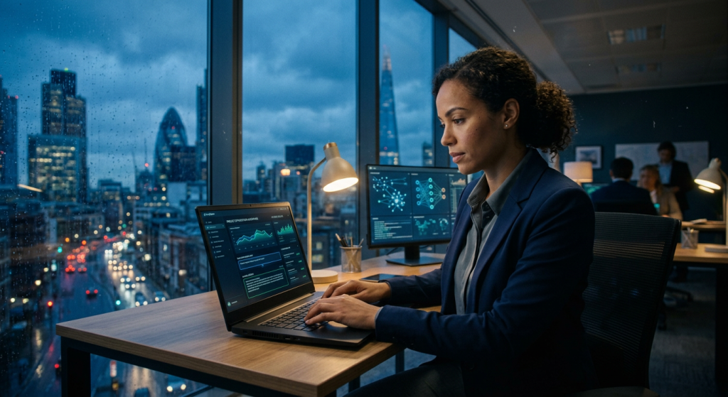 Woman in business attire working on laptop displaying data charts in office